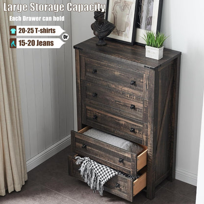 Commode haute de style farmhouse à 5 tiroirs, 48 pouces, en bois, pour chambre à coucher