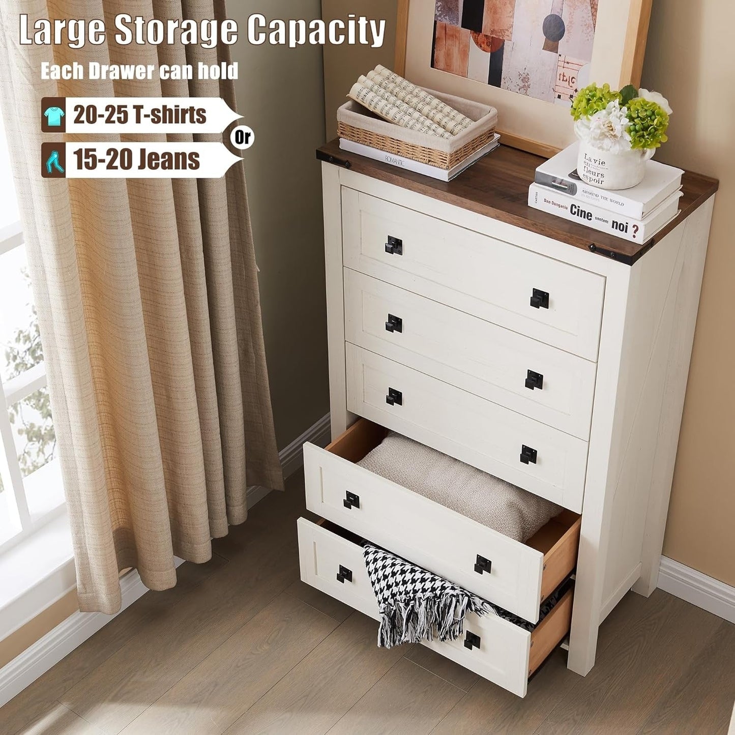 Commode haute de style farmhouse à 5 tiroirs, 48 pouces, en bois, pour chambre à coucher