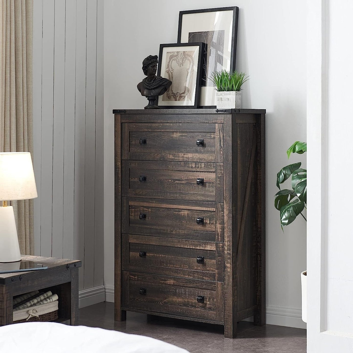 Commode haute de style farmhouse à 5 tiroirs, 48 pouces, en bois, pour chambre à coucher