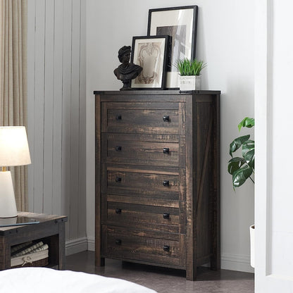 Commode haute de style farmhouse à 5 tiroirs, 48 pouces, en bois, pour chambre à coucher