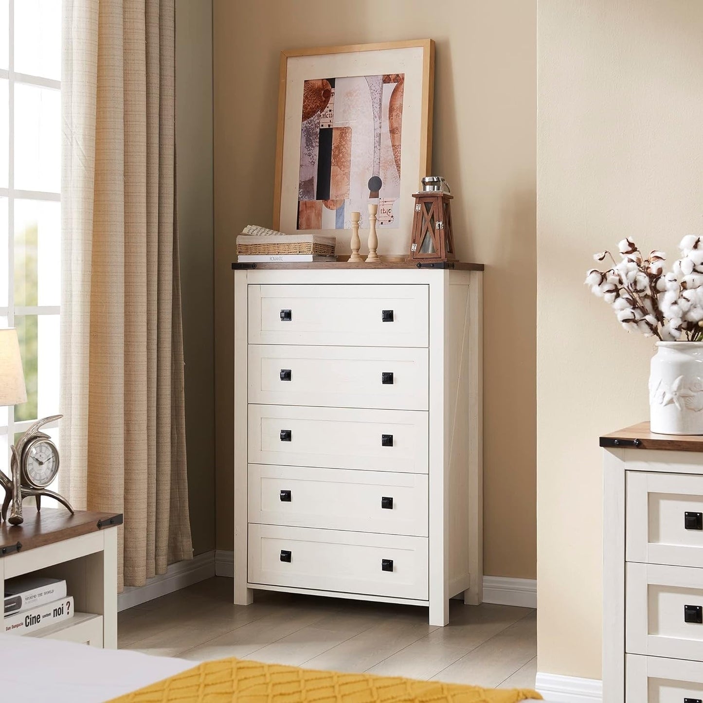 Commode haute de style farmhouse à 5 tiroirs, 48 pouces, en bois, pour chambre à coucher