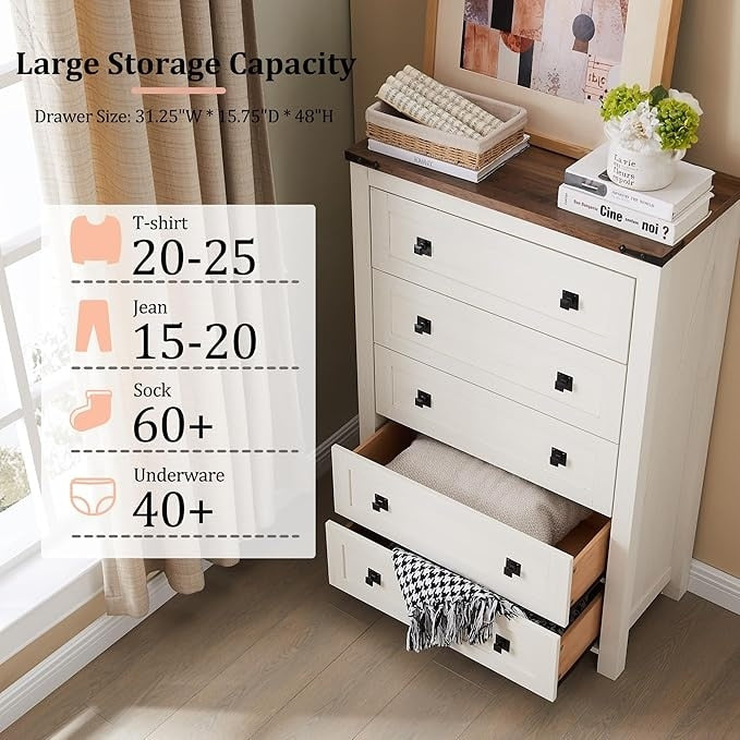 Commode haute de style farmhouse à 5 tiroirs, 48 pouces, en bois, pour chambre à coucher