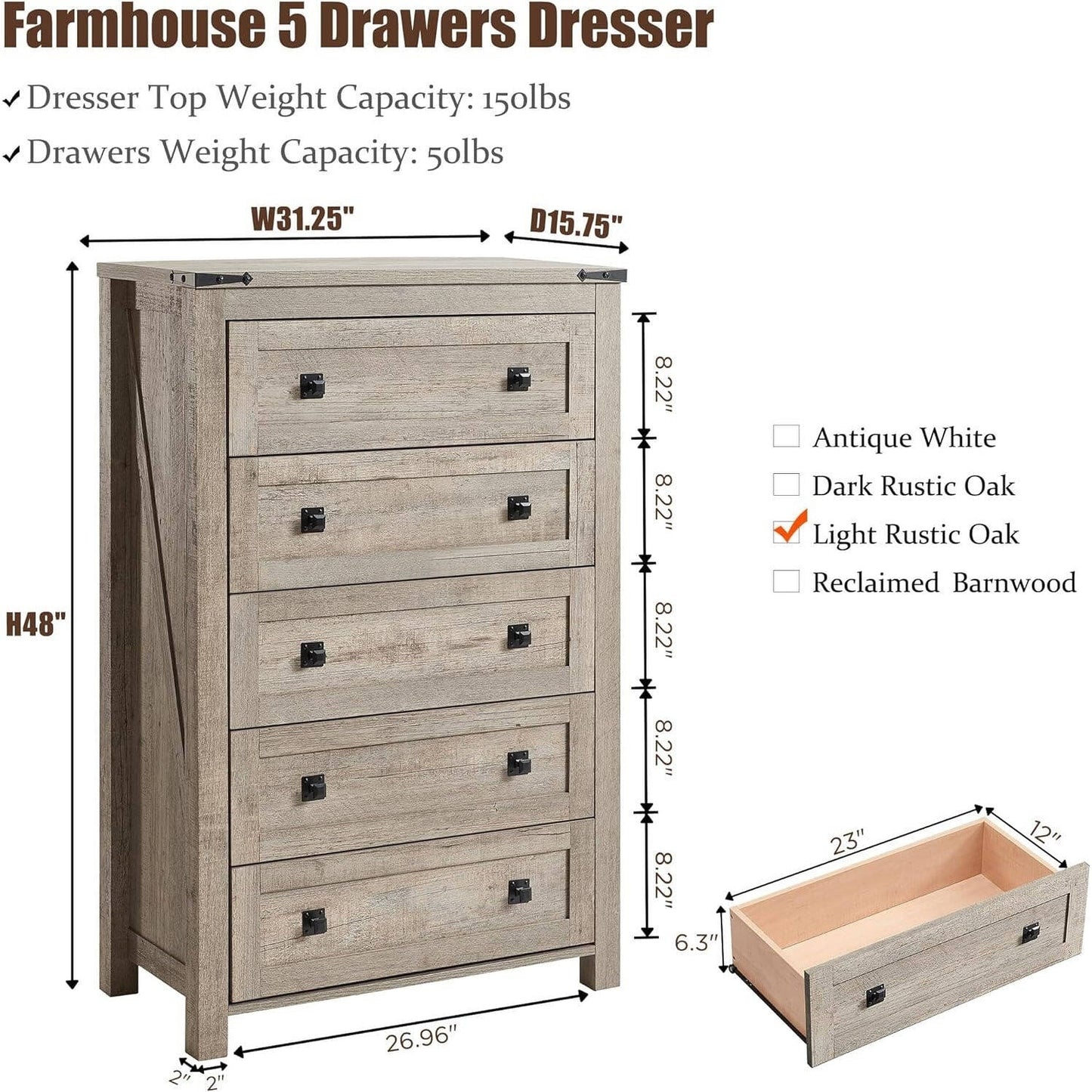 Commode haute de style farmhouse à 5 tiroirs, 48 pouces, en bois, pour chambre à coucher