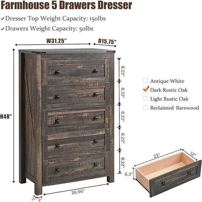 Commode haute de style farmhouse à 5 tiroirs, 48 pouces, en bois, pour chambre à coucher