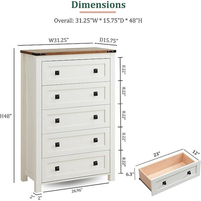 Commode haute de style farmhouse à 5 tiroirs, 48 pouces, en bois, pour chambre à coucher