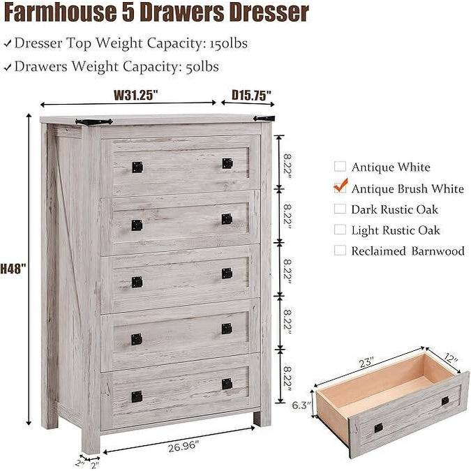 Commode haute de style farmhouse à 5 tiroirs, 48 pouces, en bois, pour chambre à coucher