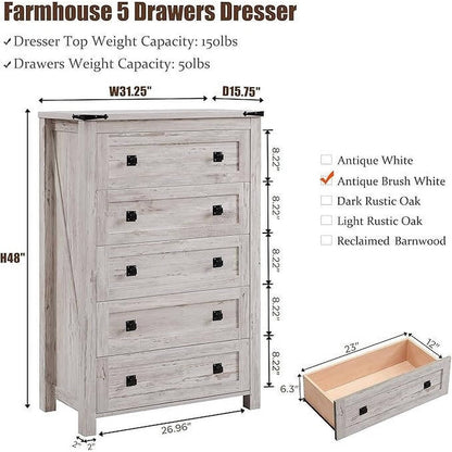 Commode haute de style farmhouse à 5 tiroirs, 48 pouces, en bois, pour chambre à coucher