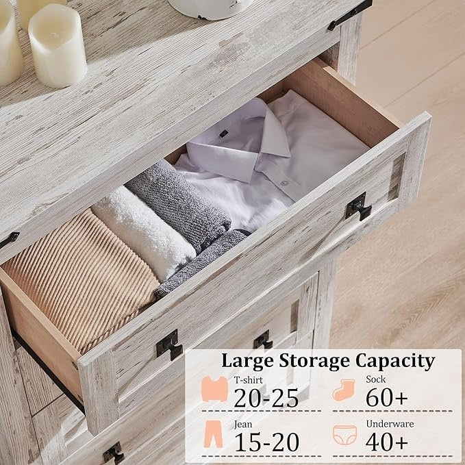 Commode haute de style farmhouse à 5 tiroirs, 48 pouces, en bois, pour chambre à coucher