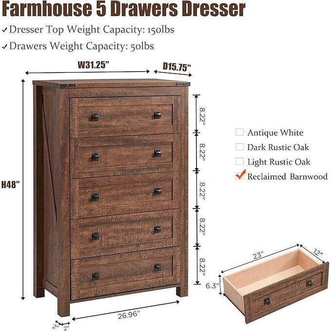 Commode haute de style farmhouse à 5 tiroirs, 48 pouces, en bois, pour chambre à coucher