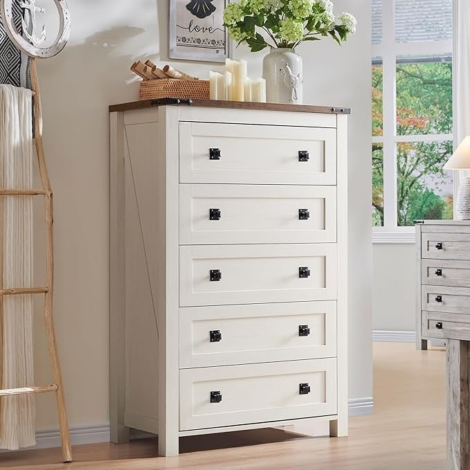 Commode haute de style farmhouse à 5 tiroirs, 48 pouces, en bois, pour chambre à coucher