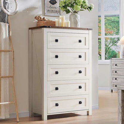 Commode haute de style farmhouse à 5 tiroirs, 48 pouces, en bois, pour chambre à coucher