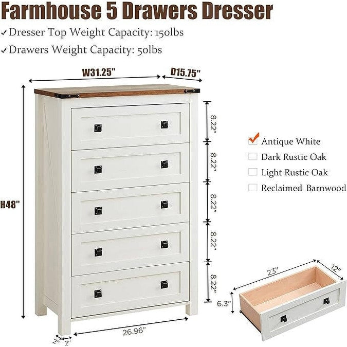 Commode haute de style farmhouse à 5 tiroirs, 48 pouces, en bois, pour chambre à coucher