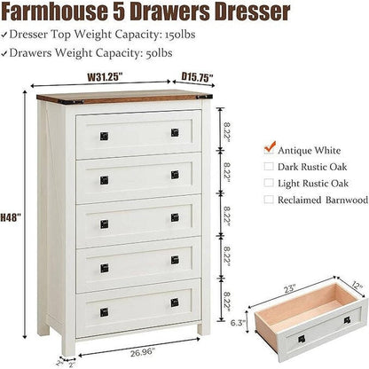 Commode haute de style farmhouse à 5 tiroirs, 48 pouces, en bois, pour chambre à coucher