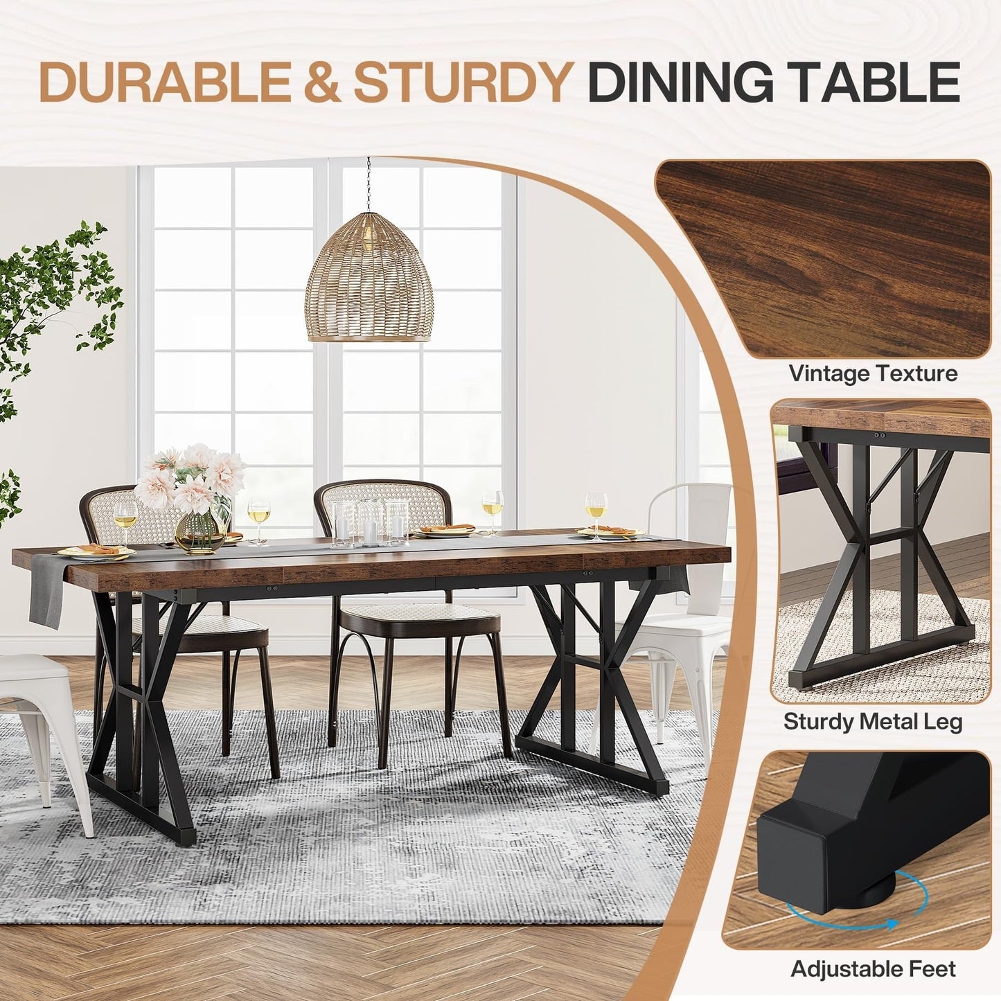 Table de salle à manger de style farmhouse pour 6 personnes, table de cuisine rectangulaire en bois de 70,8 pouces