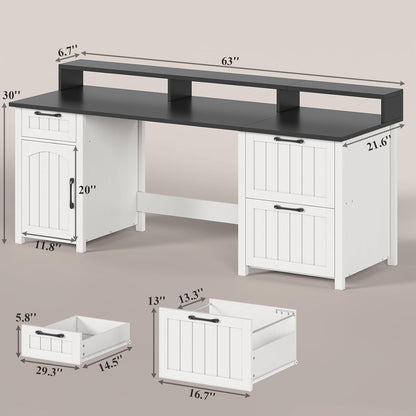 Bureau de direction style farmhouse, bureau de travail à domicile, bureau avec tiroir à dossiers, support de moniteur, prise de courant.