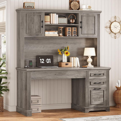 Bureau de direction style farmhouse, bureau de travail à domicile, bureau avec tiroir à dossiers, support de moniteur, prise de courant.