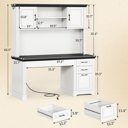 Bureau de direction style farmhouse, bureau de travail à domicile, bureau avec tiroir à dossiers, support de moniteur, prise de courant.