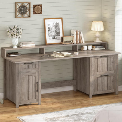 Bureau de direction style farmhouse, bureau de travail à domicile, bureau avec tiroir à dossiers, support de moniteur, prise de courant.