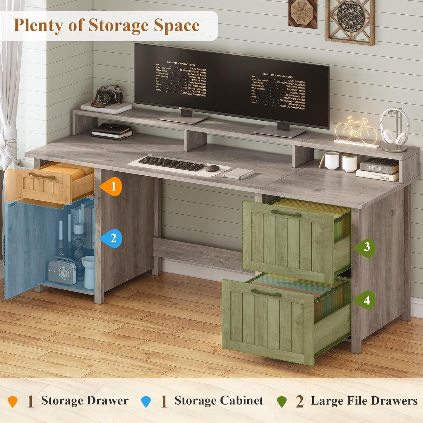 Bureau de direction style farmhouse, bureau de travail à domicile, bureau avec tiroir à dossiers, support de moniteur, prise de courant.