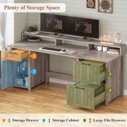 Bureau de direction style farmhouse, bureau de travail à domicile, bureau avec tiroir à dossiers, support de moniteur, prise de courant.