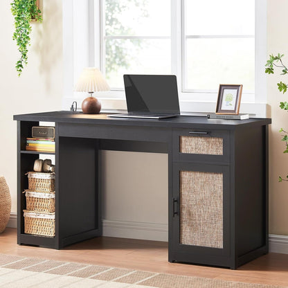 Bureau de direction style farmhouse, bureau de travail à domicile, bureau avec tiroir à dossiers, support de moniteur, prise de courant.