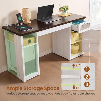 Bureau de direction style farmhouse, bureau de travail à domicile, bureau avec tiroir à dossiers, support de moniteur, prise de courant.