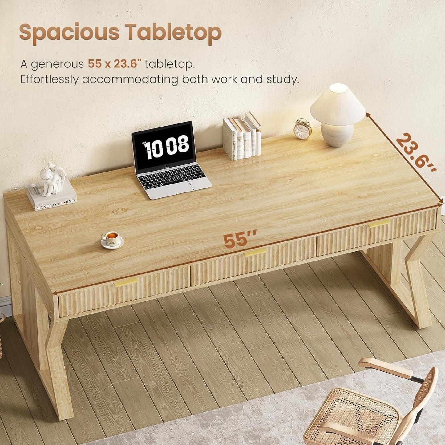 Bureau de direction style farmhouse, bureau de travail à domicile, bureau avec tiroir à dossiers, support de moniteur, prise de courant.