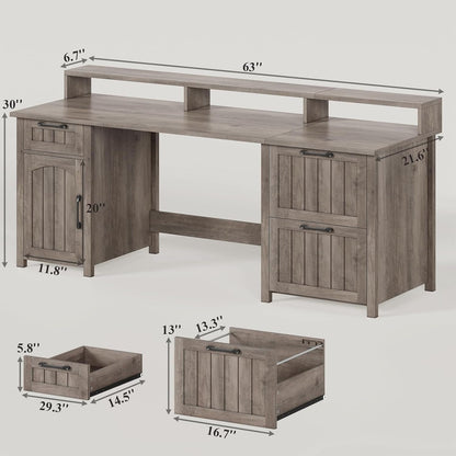 Bureau de direction style farmhouse, bureau de travail à domicile, bureau avec tiroir à dossiers, support de moniteur, prise de courant.