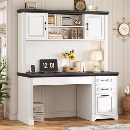 Bureau de direction style farmhouse, bureau de travail à domicile, bureau avec tiroir à dossiers, support de moniteur, prise de courant.