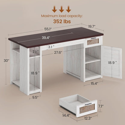 Bureau de direction style farmhouse, bureau de travail à domicile, bureau avec tiroir à dossiers, support de moniteur, prise de courant.