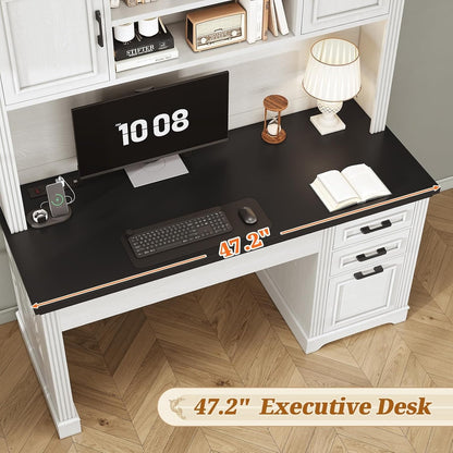 Bureau de direction style farmhouse, bureau de travail à domicile, bureau avec tiroir à dossiers, support de moniteur, prise de courant.