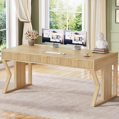 Bureau de direction style farmhouse, bureau de travail à domicile, bureau avec tiroir à dossiers, support de moniteur, prise de courant.
