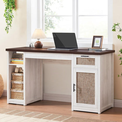 Bureau de direction style farmhouse, bureau de travail à domicile, bureau avec tiroir à dossiers, support de moniteur, prise de courant.