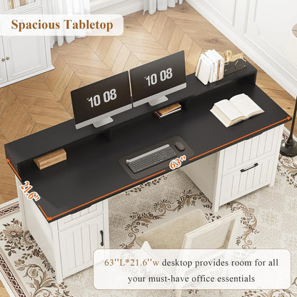 Bureau de direction style farmhouse, bureau de travail à domicile, bureau avec tiroir à dossiers, support de moniteur, prise de courant.