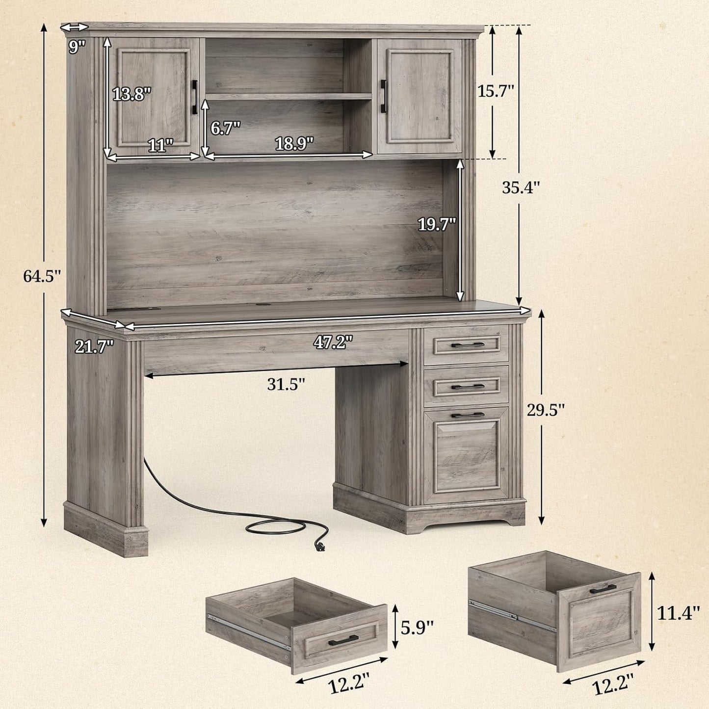 Bureau de direction style farmhouse, bureau de travail à domicile, bureau avec tiroir à dossiers, support de moniteur, prise de courant.