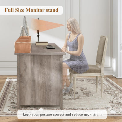 Bureau de direction style farmhouse, bureau de travail à domicile, bureau avec tiroir à dossiers, support de moniteur, prise de courant.