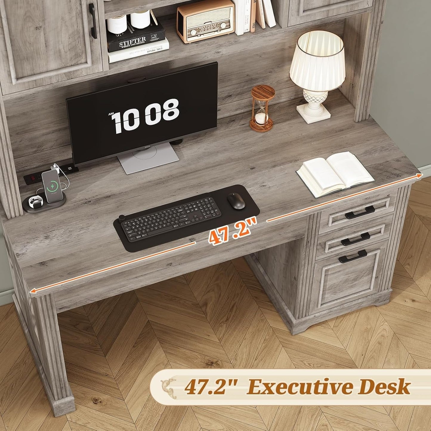 Bureau de direction style farmhouse, bureau de travail à domicile, bureau avec tiroir à dossiers, support de moniteur, prise de courant.