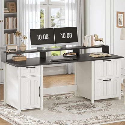 Bureau de direction style farmhouse, bureau de travail à domicile, bureau avec tiroir à dossiers, support de moniteur, prise de courant.