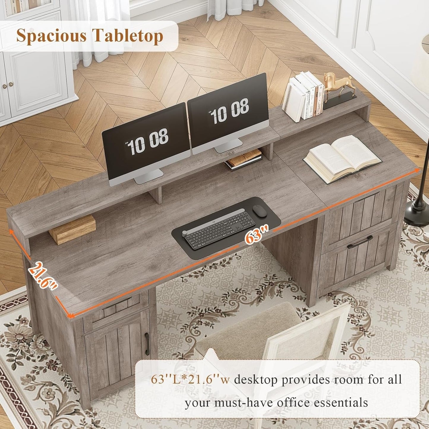 Bureau de direction style farmhouse, bureau de travail à domicile, bureau avec tiroir à dossiers, support de moniteur, prise de courant.