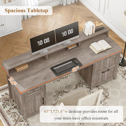 Bureau de direction style farmhouse, bureau de travail à domicile, bureau avec tiroir à dossiers, support de moniteur, prise de courant.