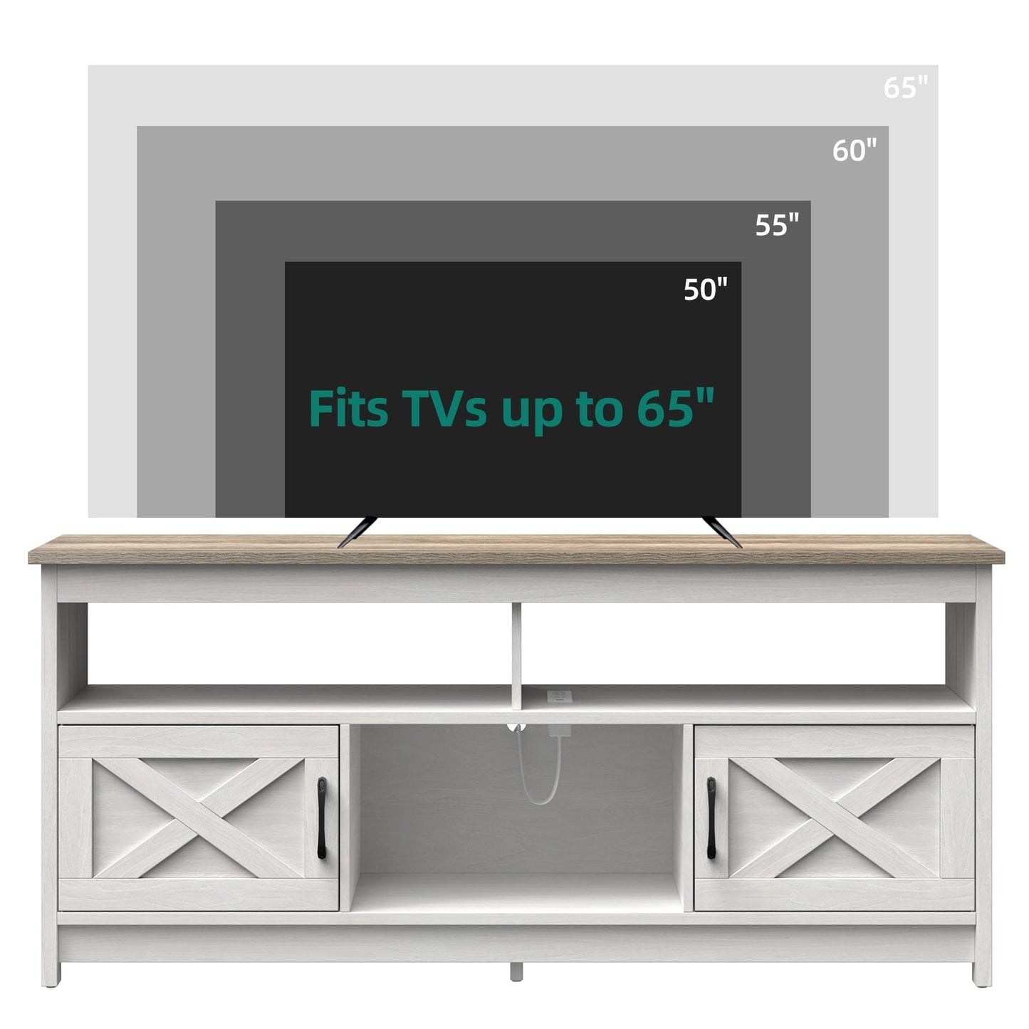 Meuble TV style farmhouse pour téléviseur jusqu'à 65 pouces avec portes et étagères ouvertes, console multimédia et prise de courant.