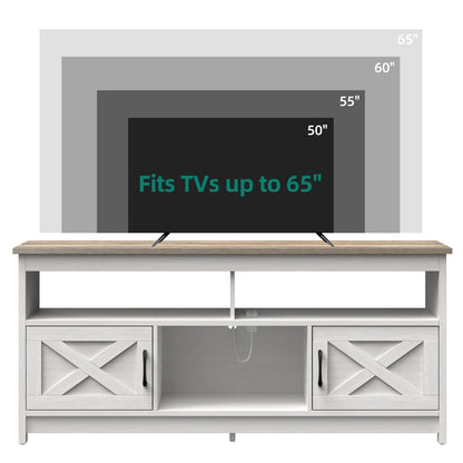 Meuble TV style farmhouse pour téléviseur jusqu'à 65 pouces avec portes et étagères ouvertes, console multimédia et prise de courant.