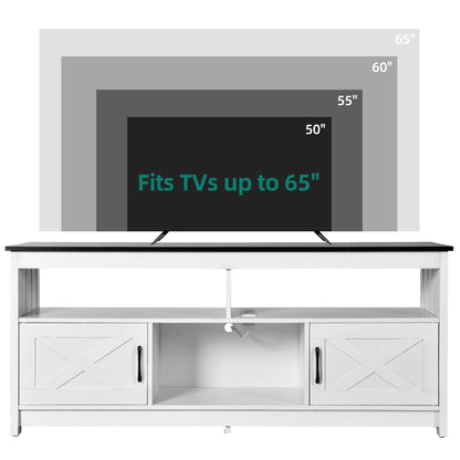 Meuble TV style farmhouse pour téléviseur jusqu'à 65 pouces avec portes et étagères ouvertes, console multimédia et prise de courant.