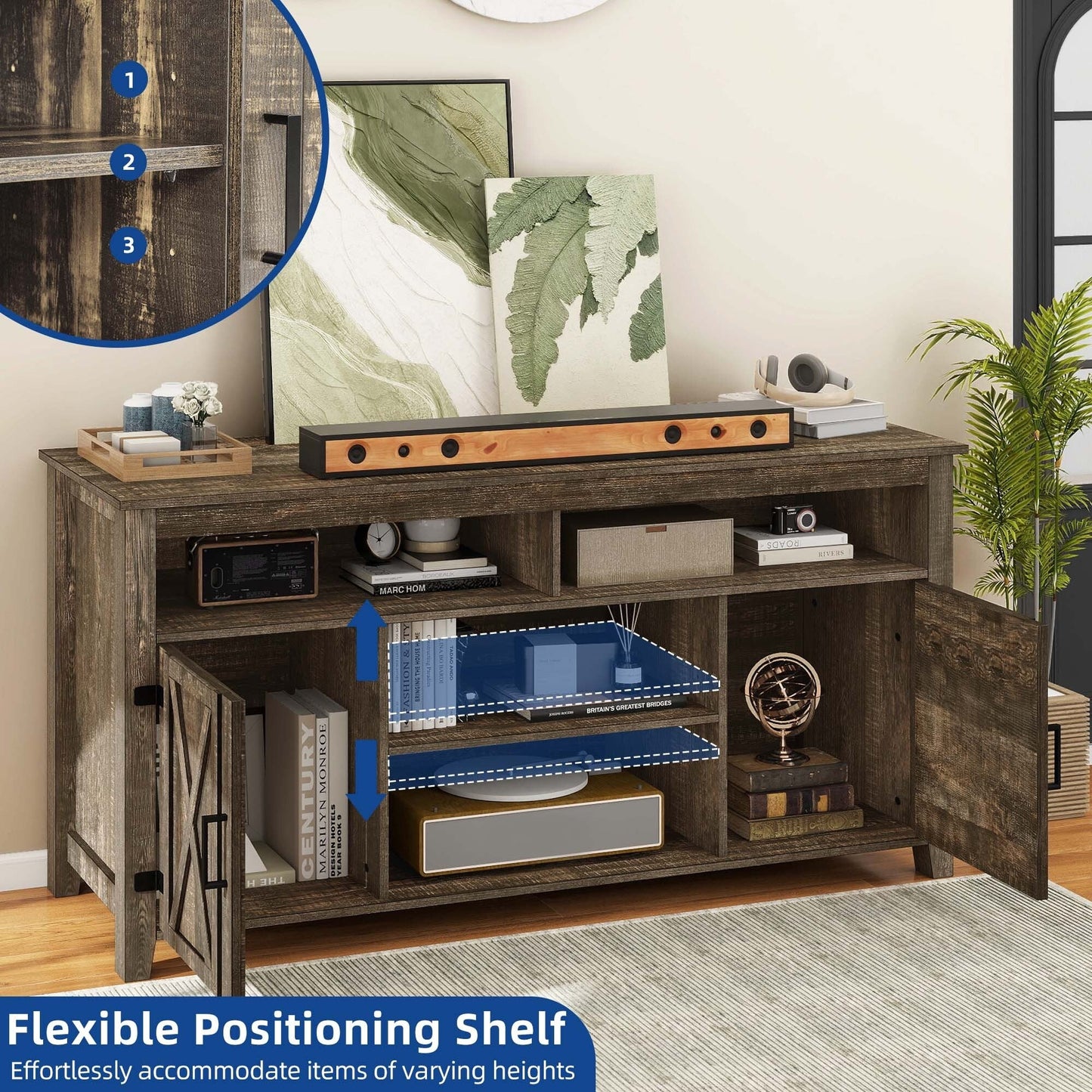 Meuble TV style farmhouse pour téléviseur jusqu'à 65 pouces avec portes et étagères ouvertes, console multimédia et prise de courant.