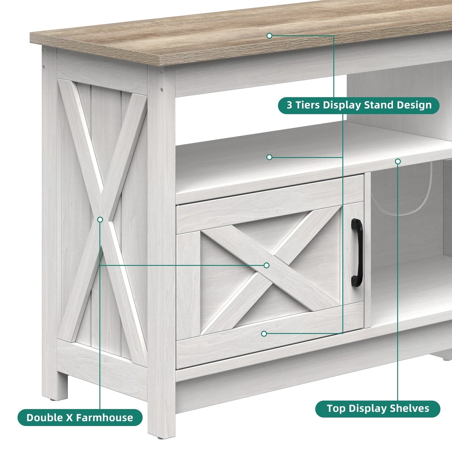 Meuble TV style farmhouse pour téléviseur jusqu'à 65 pouces avec portes et étagères ouvertes, console multimédia et prise de courant.