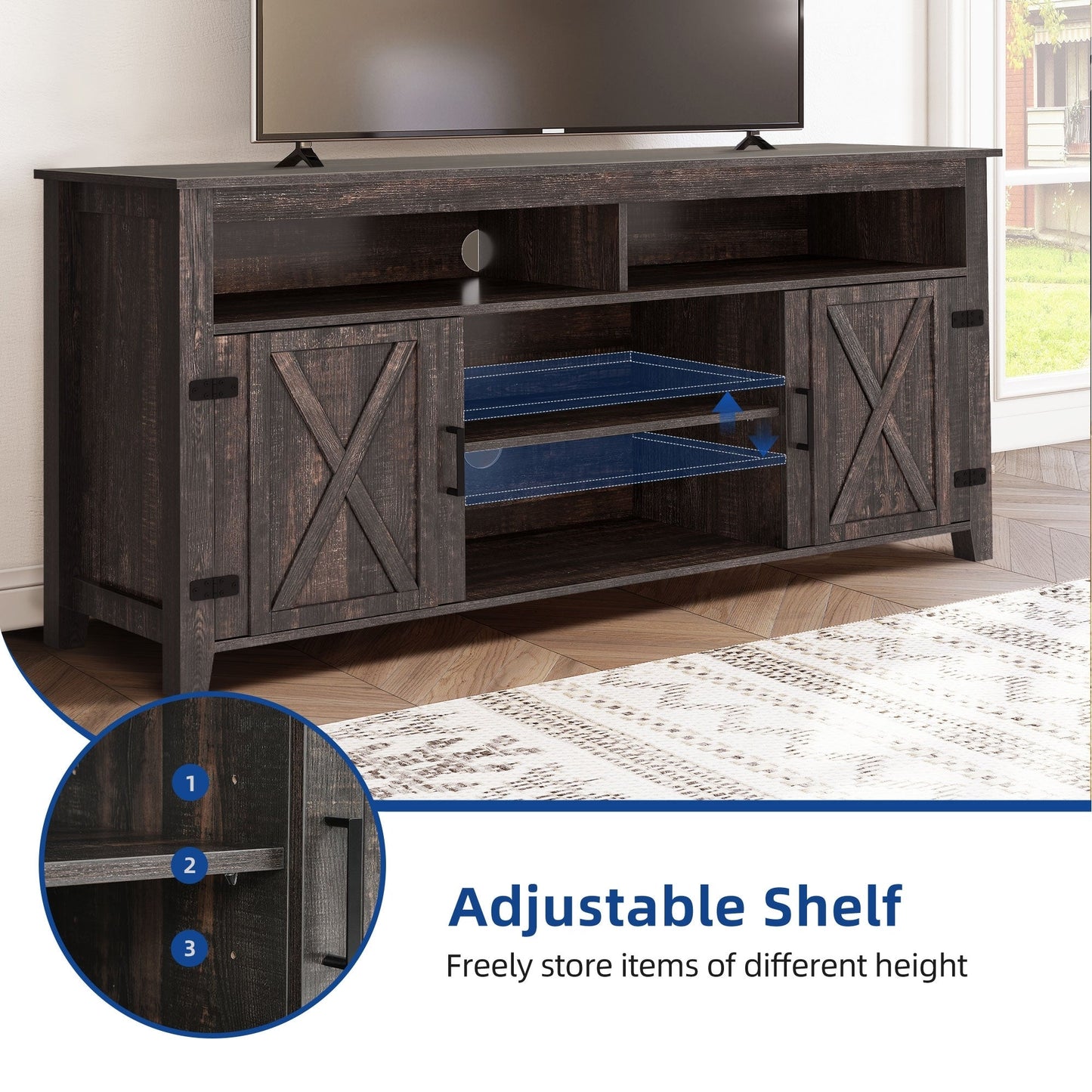 Meuble TV style farmhouse pour téléviseur jusqu'à 65 pouces avec portes et étagères ouvertes, console multimédia et prise de courant.