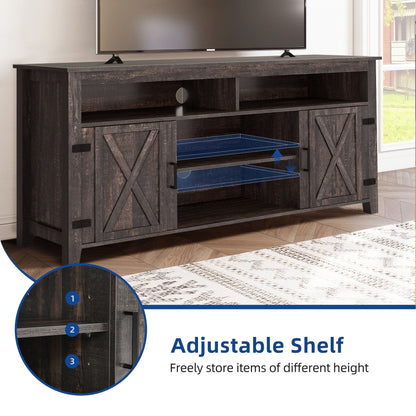 Meuble TV style farmhouse pour téléviseur jusqu'à 65 pouces avec portes et étagères ouvertes, console multimédia et prise de courant.