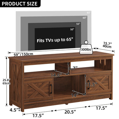 Meuble TV style farmhouse pour téléviseur jusqu'à 65 pouces avec portes et étagères ouvertes, console multimédia et prise de courant.