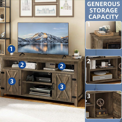 Meuble TV style farmhouse pour téléviseur jusqu'à 65 pouces avec portes et étagères ouvertes, console multimédia et prise de courant.