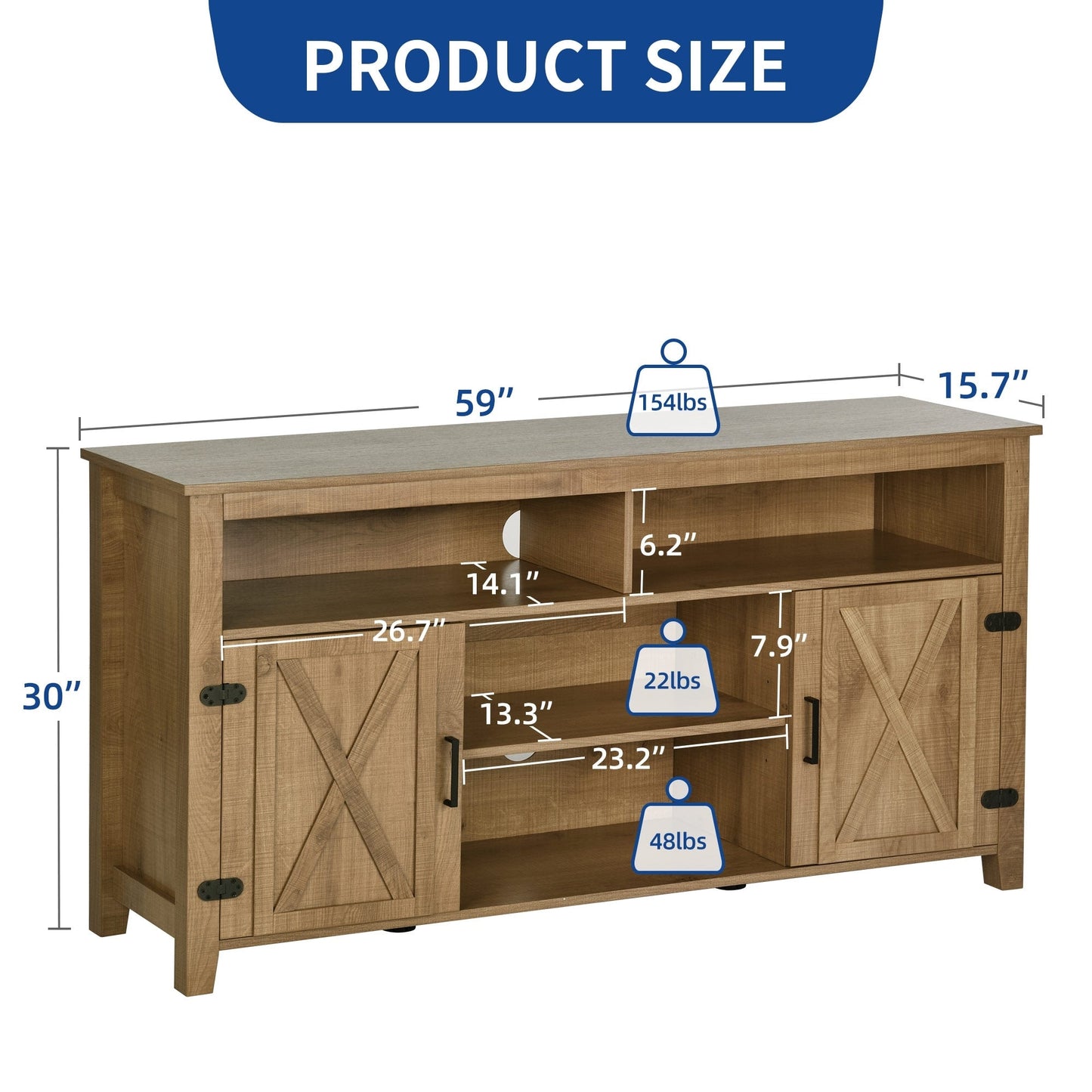 Meuble TV style farmhouse pour téléviseur jusqu'à 65 pouces avec portes et étagères ouvertes, console multimédia et prise de courant.